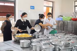 Ban giám hiệu Trường Tiểu học Vinh Phú 1 (phường Vinh Phú, Nghệ An) kiểm tra bếp ăn bán trú tại phân hiệu chính. Ảnh: Hồ Lài
