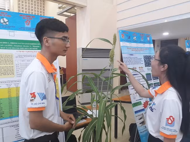 Một số sinh viên mang sản phẩm thực tế để tăng tính thuyết phục của thành viên hội đồng chuyên môn.