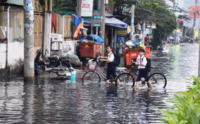 Học sinh TPHCM vất vả đi bộ về nhà khi nước bủa vây khắp lối do triều cường (Ảnh: C.Chương)