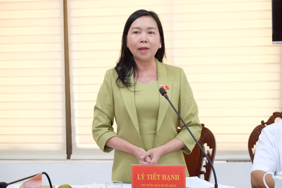 Bà Lý Tiết Hạnh - Phó trưởng Đoàn chuyên trách Đoàn ĐBQH tỉnh Bình Định báo cáo tại buổi làm việc. Ảnh: Hoàng Vinh.
