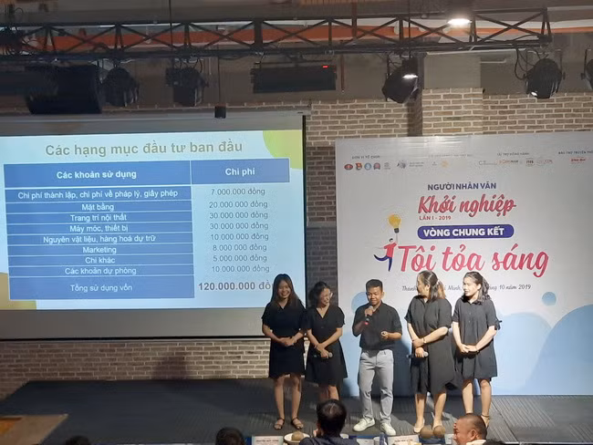 Các thành viên nhóm dự án Mental coffee - cà phê chia sẻ thuyết trình về dự án của mình trước hội đồng giám khảo