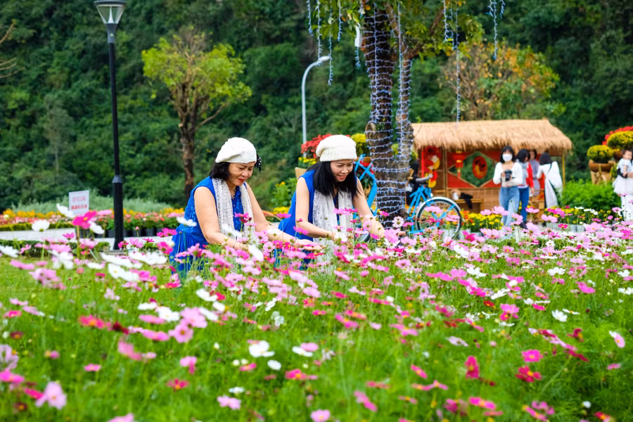 Những phụ nữ trung niên tạo dáng bên vườn hoa. Ảnh: Hoàng Vinh. Những phụ nữ trung niên tạo dáng bên vườn hoa. Ảnh: Hoàng Vinh.