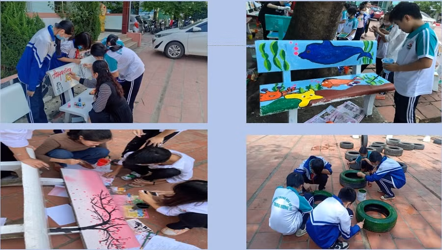 Cô và trò trường THCS Trưng Vương (TP Thái Nguyên) cùng nhau trang trí khuôn viên trường lớp sạch đẹp