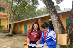 Em Nguyễn Khánh Ngọc cùng cô giáo chủ nhiệm lớp Trần Thị Hồng Dung trong giờ ra chơi tại Trường THCS Cát Thịnh.