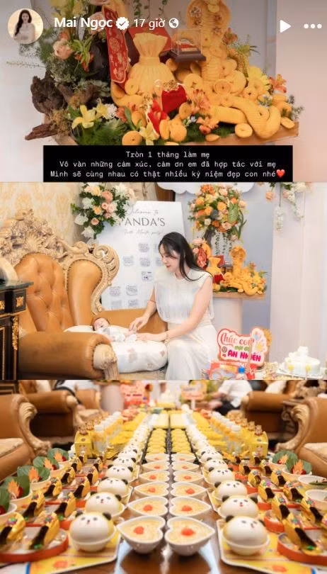 MC Mai Ngọc mới đây khiến nhiều người trầm trồ khi đăng tải hình ảnh trong bữa tiệc đầy tháng của quý tử đầu lòng được trang trí rất tỉ mỉ và hoành tráng. mai-ngoc-1.jpg