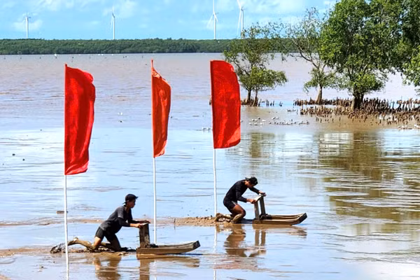 Các thanh niên tham gia đua mong trong Lễ hội Nghinh ông ở Trần Đề, TP Cần Thơ.