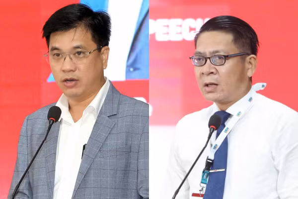 PGS.TS Bùi Quang Hùng - Giám đốc UEH (bên trái) và ông Lữ Công Tạo, Phó Bí thư Đảng ủy UBND tỉnh Vĩnh Long phát biểu tại Hội thảo. Ảnh: Đỗ Trung.