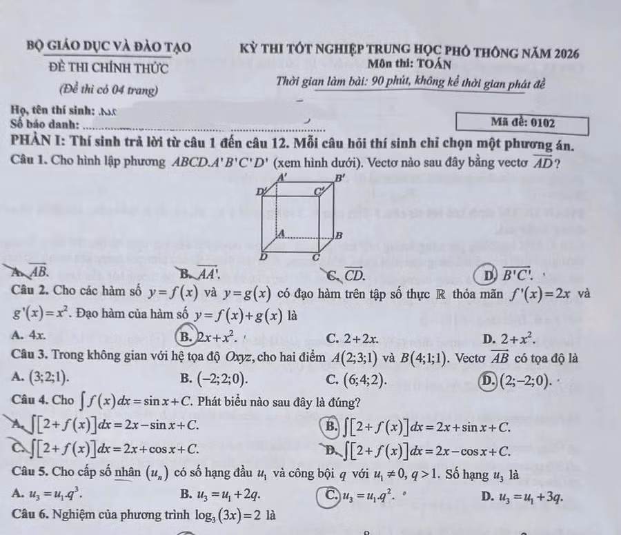 Gợi ý đáp án môn Toán Kỳ thi tốt nghiệp THPT 2026