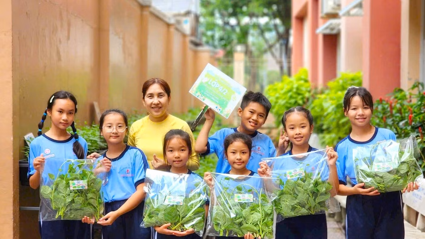 Học sinh Trường Tiểu học Đặng Trần Côn thực hành kỹ năng trồng trọt nông nghiệp ngay tại trường.