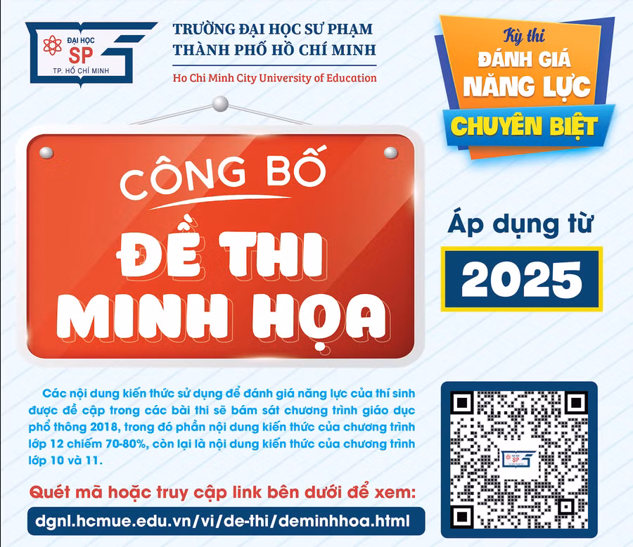 Trường Đại học Sư phạm TPHCM công bố đề thi minh họa kỳ thi đánh giá năng lực chuyên biệt từ năm 2025. (Ảnh: HCMUE)