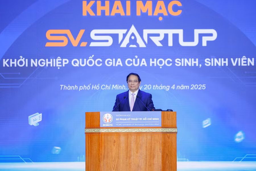 Thủ tướng Chính phủ Phạm Minh Chính phát biểu tại lễ khai mạc Ngày hội khởi nghiệp quốc gia của học sinh, sinh viên. Ảnh: VGP/Nhật Bắc
