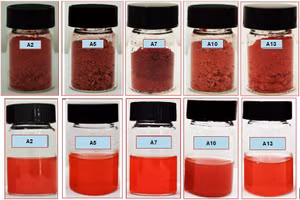 Hình ảnh các sản phẩm bột nano chứa astaxanthin và khả năng phân tán trong nước.