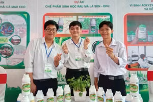Nhóm học sinh và chế phẩm sinh học trừ sâu từ rau má lá sen.