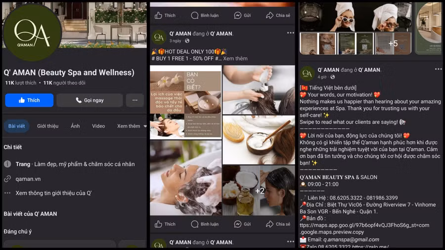 Trang mạng xã hội (Facebook) của Q’Aman Beauty Spa & Wellness.