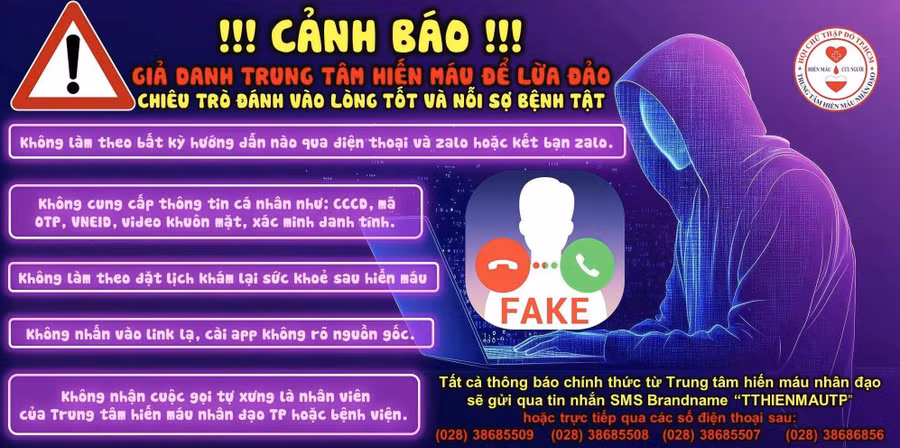 Xuất hiện cuộc gọi giả Trung tâm hiến máu để lừa đảo. 