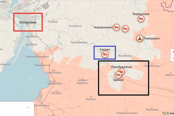 Bản đồ của Ria Novosti về chiến sự khu vực Orikhiv và thành phố Zaporizhzhia
