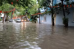 Đường phố Hải Phòng lụt cục bộ sau cơn mưa rào kéo dài.