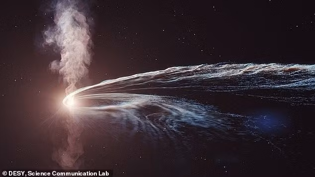 Một bản minh họa nghệ thuật về sự kiện gián đoạn thủy triều (tidal disruption event), hay việc hố đen xé nát một ngôi sao trong quá trình được gọi là “spaghettification” (kéo dài như sợi mì).