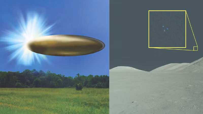 Hình ảnh chồng lớp của FBI mô tả UFO bằng kim loại (trái), ảnh Apollo 17 cho thấy 3 đốm sáng (phải).