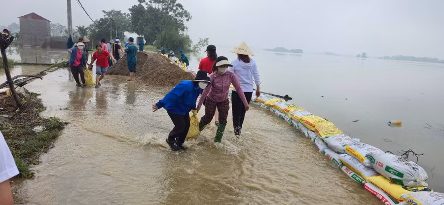 Các thầy cô cùng người dân và các lực lượng khác tích cực tham gia đắp đê chống lũ khi có lệnh từ cấp trên. 