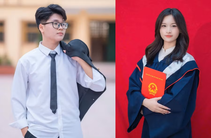 Hai em Đinh Tiến Đạt và Đào Thị Mỹ Tâm- học sinh lớp 12A1, Trường THPT Lưu Hoàng đạt tổng điểm khối A01 từ 25,25 trở lên. Ảnh: NTCC.