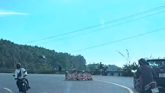 Nhóm phụ nữ bất chấp nguy hiểm ngồi giữa đường trên đèo Hải Vân chụp ảnh.