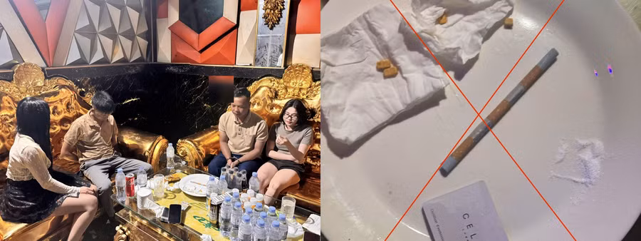 Các đối tượng và ma túy thu giữ tại Phòng VIP 6 quán Karaoke Bảo Châu. Ảnh: Công an tỉnh Hưng Yên