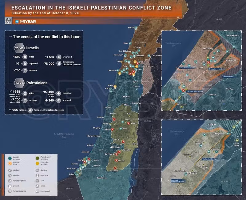 Bản đồ xung đột Israel-Hamas ngày 8/10. (Ảnh: Rybar)