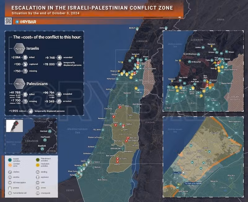 Bản đồ xung đột Israel-Hamas ngày 3/10. (Ảnh: Rybar)