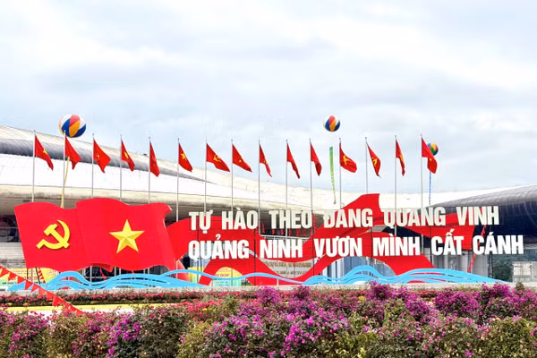 Khu vực Cung quy hoạch, hội chợ và triển lãm tỉnh rực rỡ cờ, hoa.