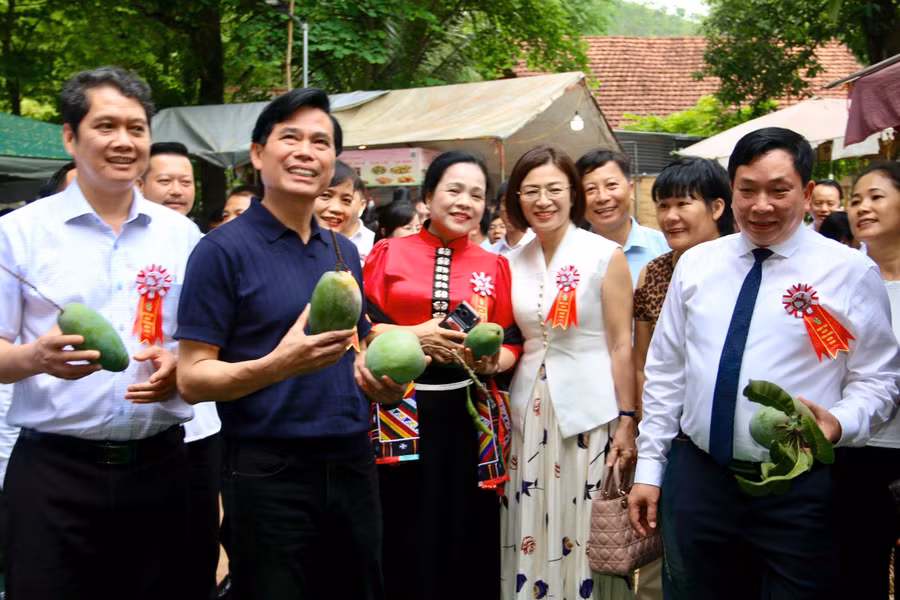 Các đại biểu tỉnh Sơn La và tỉnh Lạng Sơn tham quan, trải nghiệm gian hàng trưng bày xoài.