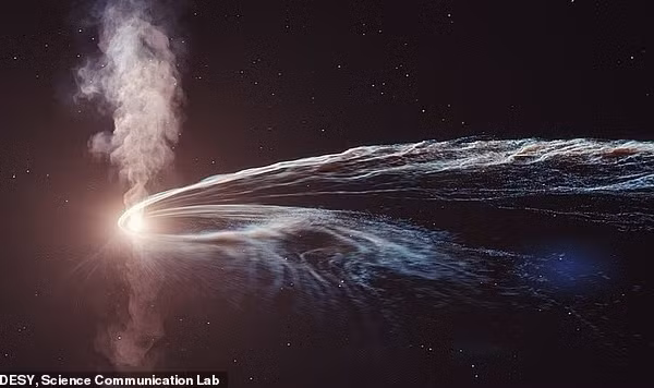 Một bản minh họa nghệ thuật về sự kiện gián đoạn thủy triều (tidal disruption event), hay việc hố đen xé nát một ngôi sao trong quá trình được gọi là “spaghettification” (kéo dài như sợi mì).