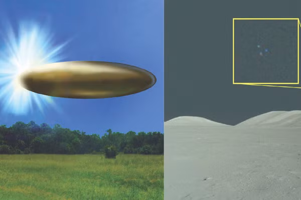 Hình ảnh chồng lớp của FBI mô tả UFO bằng kim loại (trái), ảnh Apollo 17 cho thấy 3 đốm sáng (phải).