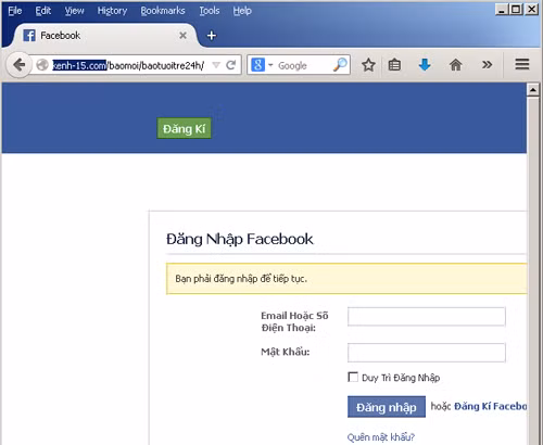 Giao diện giống đăng nhập trên Facebook nhưng thực chất là trang lừa đảo (xem trên thanh địa chỉ). chieu-lua-moi-danh-cap-tai-khoan-facebook-tai-viet-nam-2