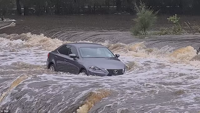 Một chiếc ô tô trong dòng nước lũ ở Australia.