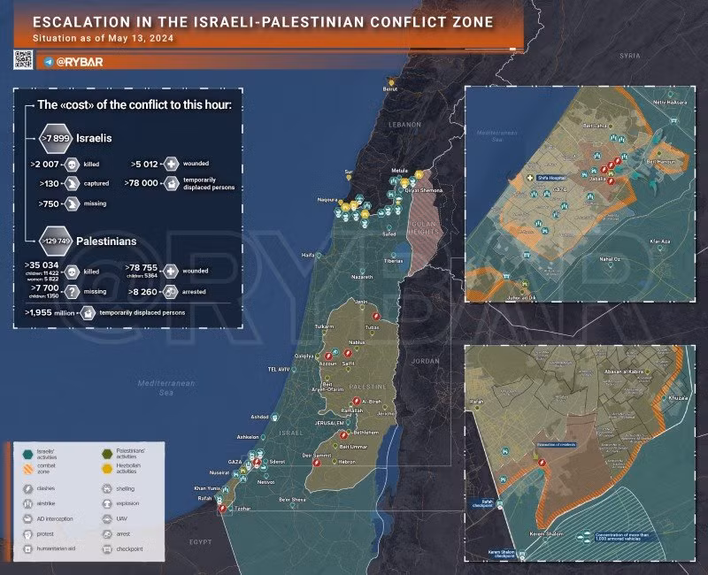 Bản đồ xung đột Israel - Hamas ngày 13/5. (Ảnh: Rybar)