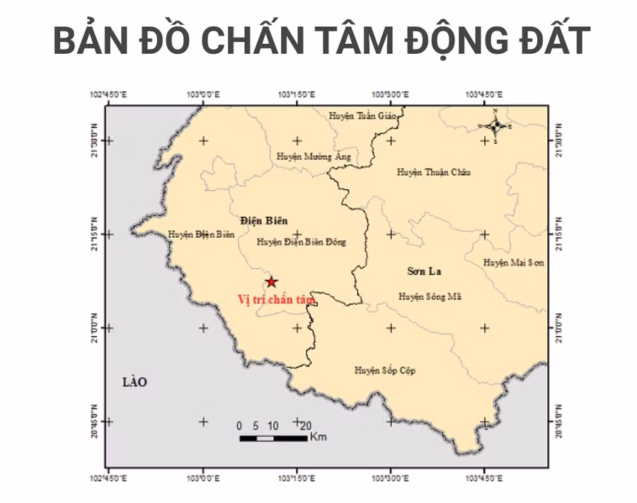 Hình ảnh bản đồ tâm chấn trận động đất đỏ Viện Vật lý địa cầu chụp.