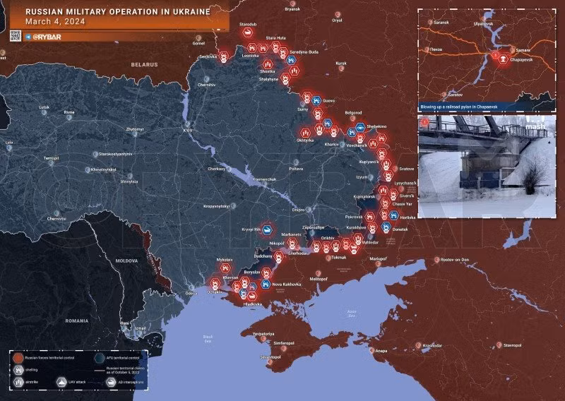 Bản đồ chiến sự Ukraine ngày 4/3. (Ảnh: Rybar)