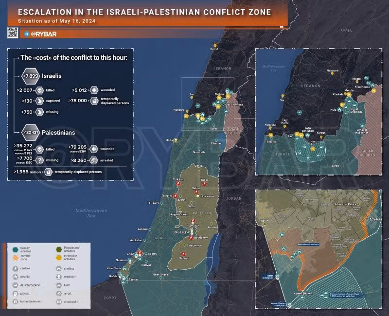 Bản đồ xung đột Israel - Hamas ngày 16/5. (Ảnh: Rybar)