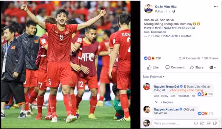 Cầu thủ Đoàn Văn Hậu bày tỏ niềm vui trên Facebook