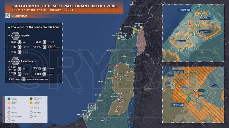 Bản đồ xung đột Israel - Hamas ngày 1/2. (Ảnh: Rybar)