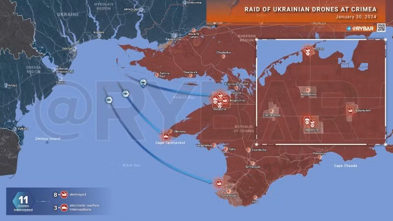 Hướng bay của loạt UAV Ukraine tấn công bán đảo Crimea ngày 30/1. (Ảnh: Rybar) Hướng bay của loạt UAV Ukraine tấn công bán đảo Crimea ngày 30/1. (Ảnh: Rybar)