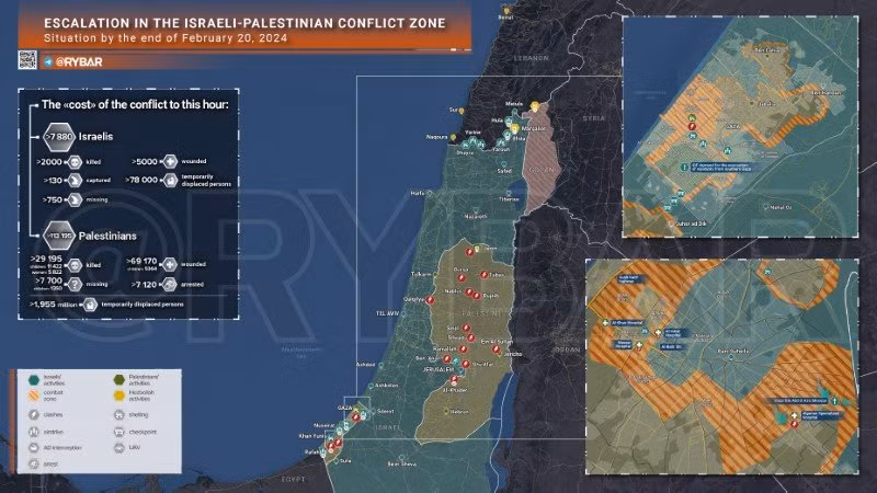 Bản đồ xung đột Israel - Hamas ngày 20/2. (Ảnh: Rybar) Bản đồ xung đột Israel - Hamas ngày 20/2. (Ảnh: Rybar)