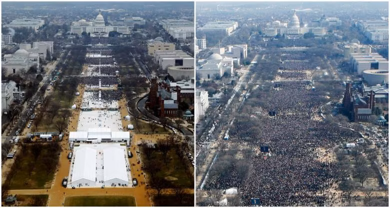 So sánh 2 bức ảnh chụp đám đông tại National Mall, Mỹ trong ngày tuyên thệ nhậm chức của Tổng thống Trump (trái) và Tổng thống Obama (phải) So sánh 2 bức ảnh chụp đám đông tại National Mall, Mỹ trong ngày tuyên thệ nhậm chức của Tổng thống Trump (trái) và Tổng thống Obama (phải)