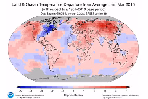 Nhiệt độ trung bình ba tháng đầu năm 2015. Ảnh: NOAA
