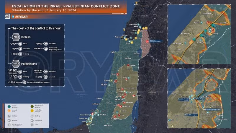 Bản đồ xung đột Israel - Hamas ngày 15/1. (Ảnh: Rybar) Bản đồ xung đột Israel - Hamas ngày 15/1. (Ảnh: Rybar)