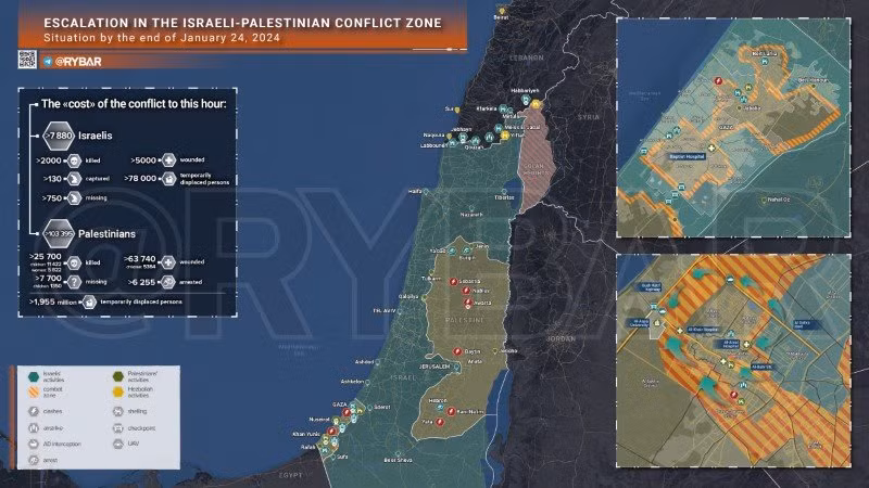 Bản đồ xung đột Israel - Hamas ngày 24/1. (Ảnh: Rybar) Bản đồ xung đột Israel - Hamas ngày 24/1. (Ảnh: Rybar)
