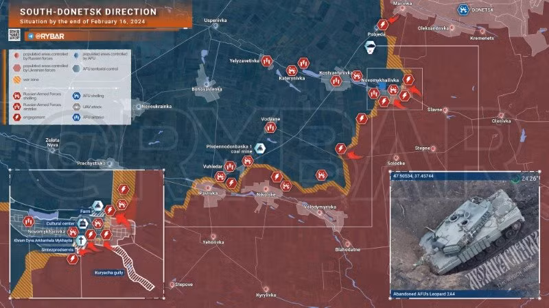 Bản đồ chiến sự Ukraine ngày 16/2, khu vực phía Nam Donetsk. (Ảnh: Rybar) Bản đồ chiến sự Ukraine ngày 16/2, khu vực phía Nam Donetsk. (Ảnh: Rybar)