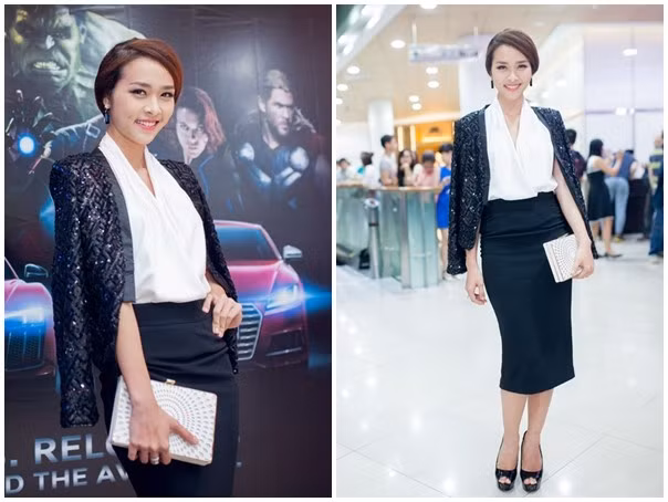 Tham dự một sự kiện trong tuần, người đẹp Diệp Bảo Ngọc chọn phong cách thanh lịch theo xu hướng được nhiều sao nữ ưa chuộng. Tuy vậy, thiết kế gam màu trắng đen không mấy phù hợp với hình ảnh trẻ trung của hot girl. Trông cô đứng tuổi vì mái tóc và thiết kế nghiêm túc. Hương Tràm diện jumpsuits ngắn vào nhóm sao mặc xấu