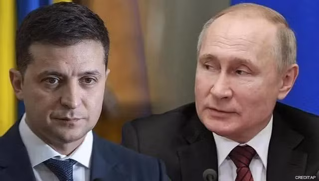 Tổng thống Ukraine Zelensky và người đồng cấp Nga Putin (phải).